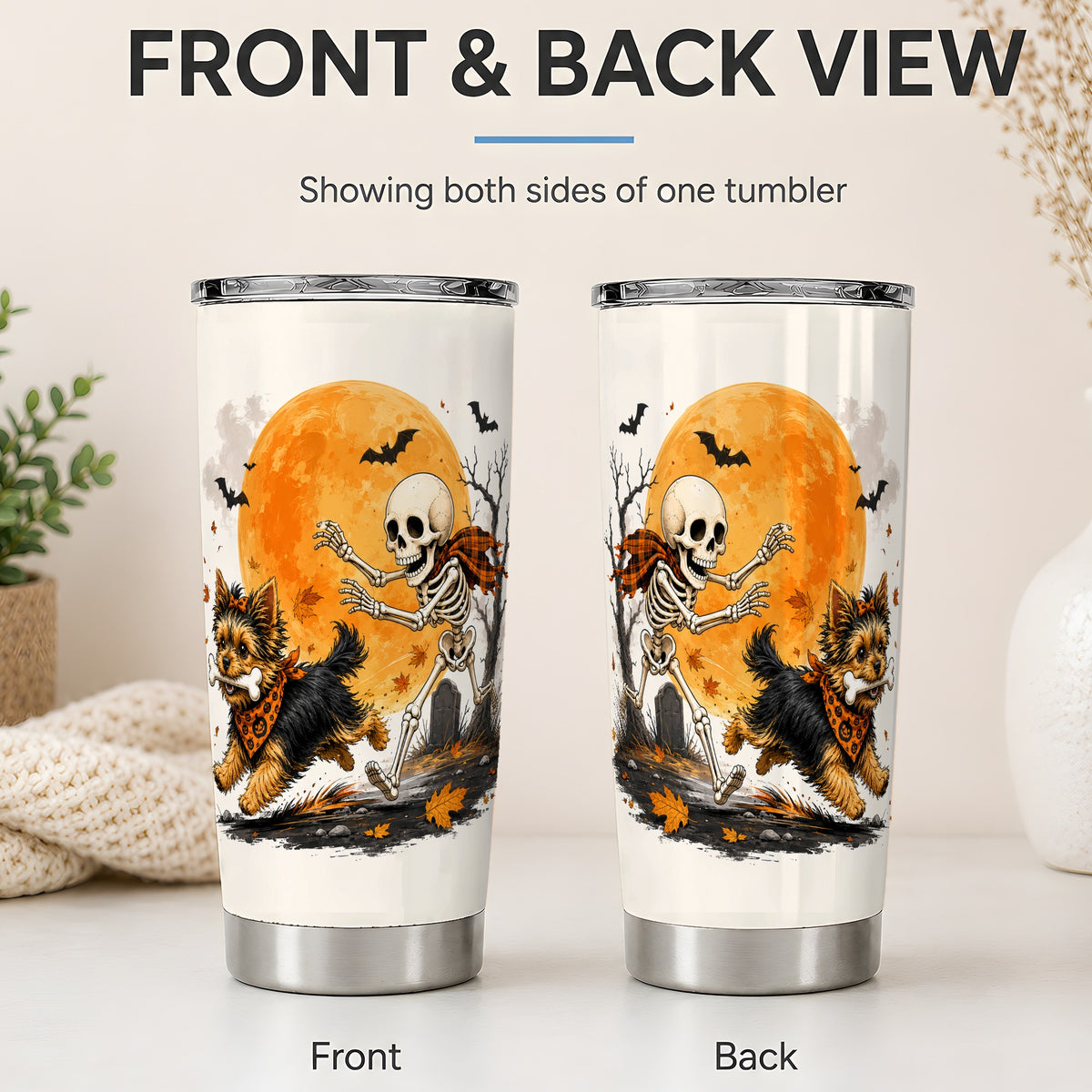 #pl[20oz|Steel] Halloween Yorkie 20oz Tumbler, Orange Moon Skeleton Dog Design