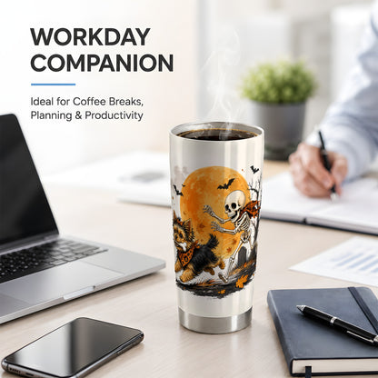 #pl[20oz|Steel] Halloween Yorkie 20oz Tumbler, Orange Moon Skeleton Dog Design