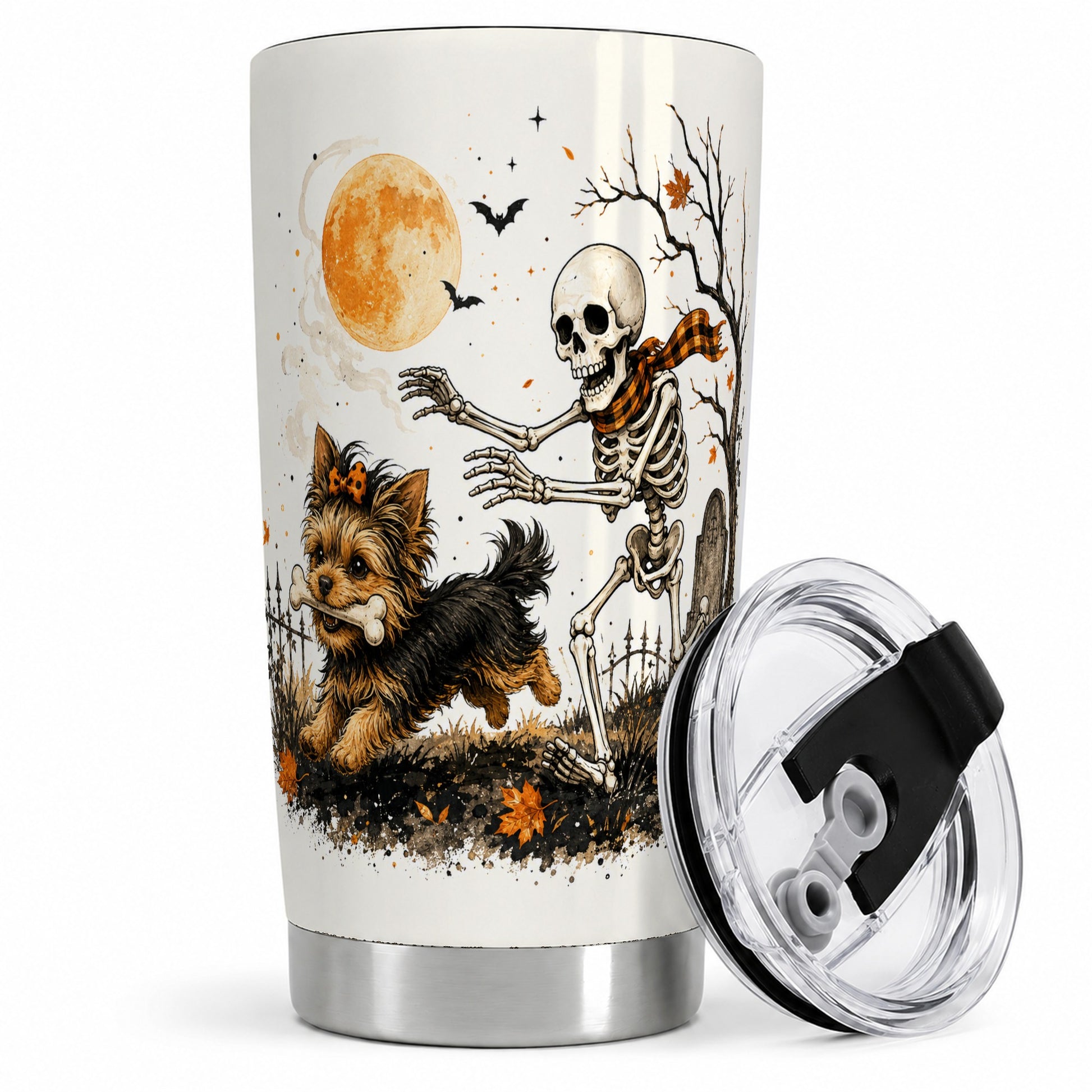 Halloween Yorkie 20oz Tumbler, Skeleton Moon Graveyard Design