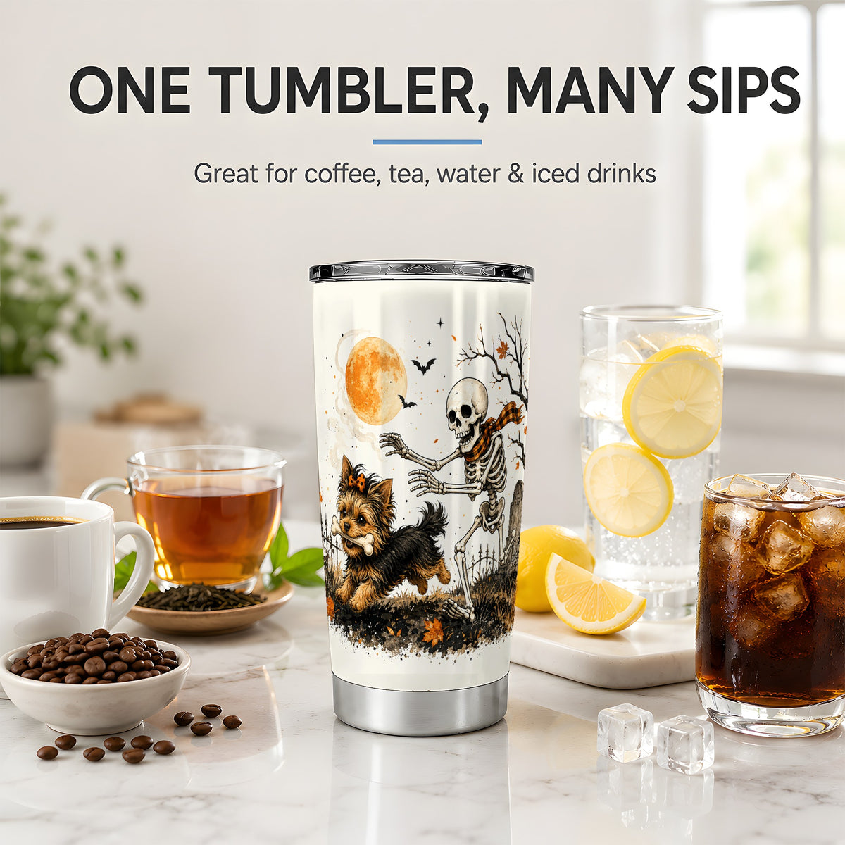 #pl[20oz|Steel] Halloween Yorkie 20oz Tumbler, Skeleton Moon Graveyard Design