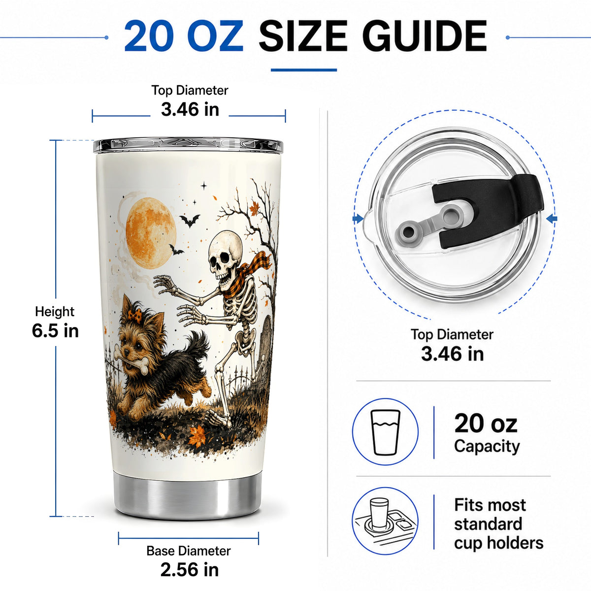 #pl[20oz|Steel] Halloween Yorkie 20oz Tumbler, Skeleton Moon Graveyard Design