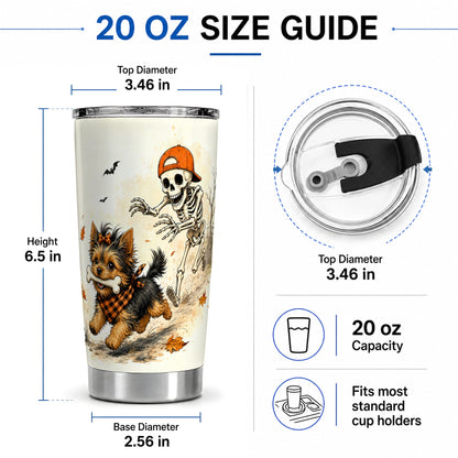 #pl[20oz|Steel] Halloween Terrier 20oz Tumbler, Skeleton Chase Autumn Artwork