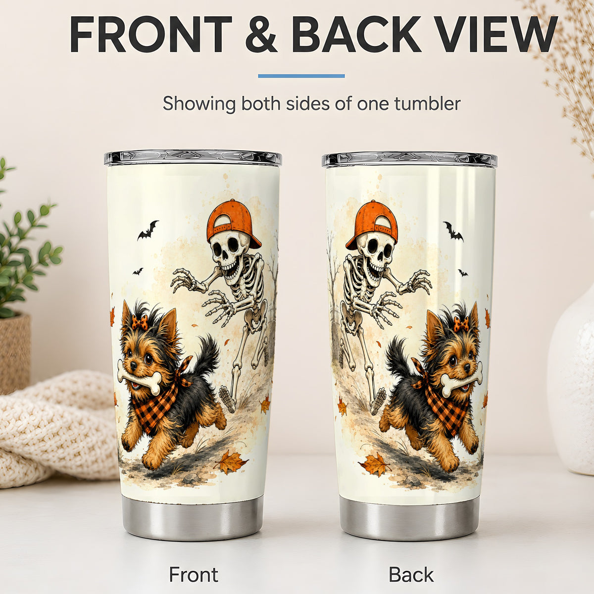 #pl[20oz|Steel] Halloween Terrier 20oz Tumbler, Skeleton Chase Autumn Artwork