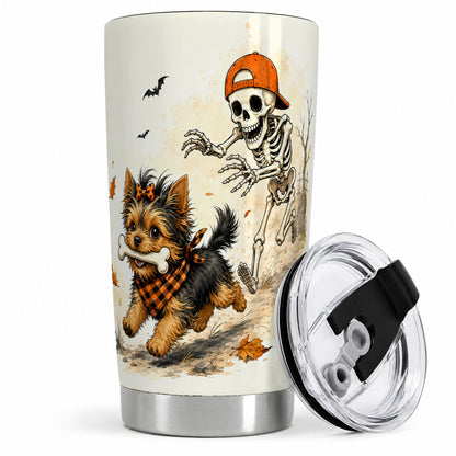Halloween Terrier 20oz Tumbler, Skeleton Chase Autumn Artwork