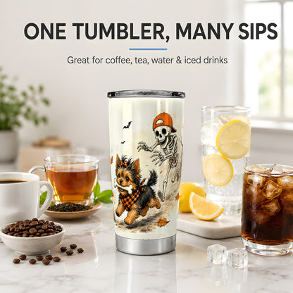 #pl[20oz|Steel] Halloween Terrier 20oz Tumbler, Skeleton Chase Autumn Artwork