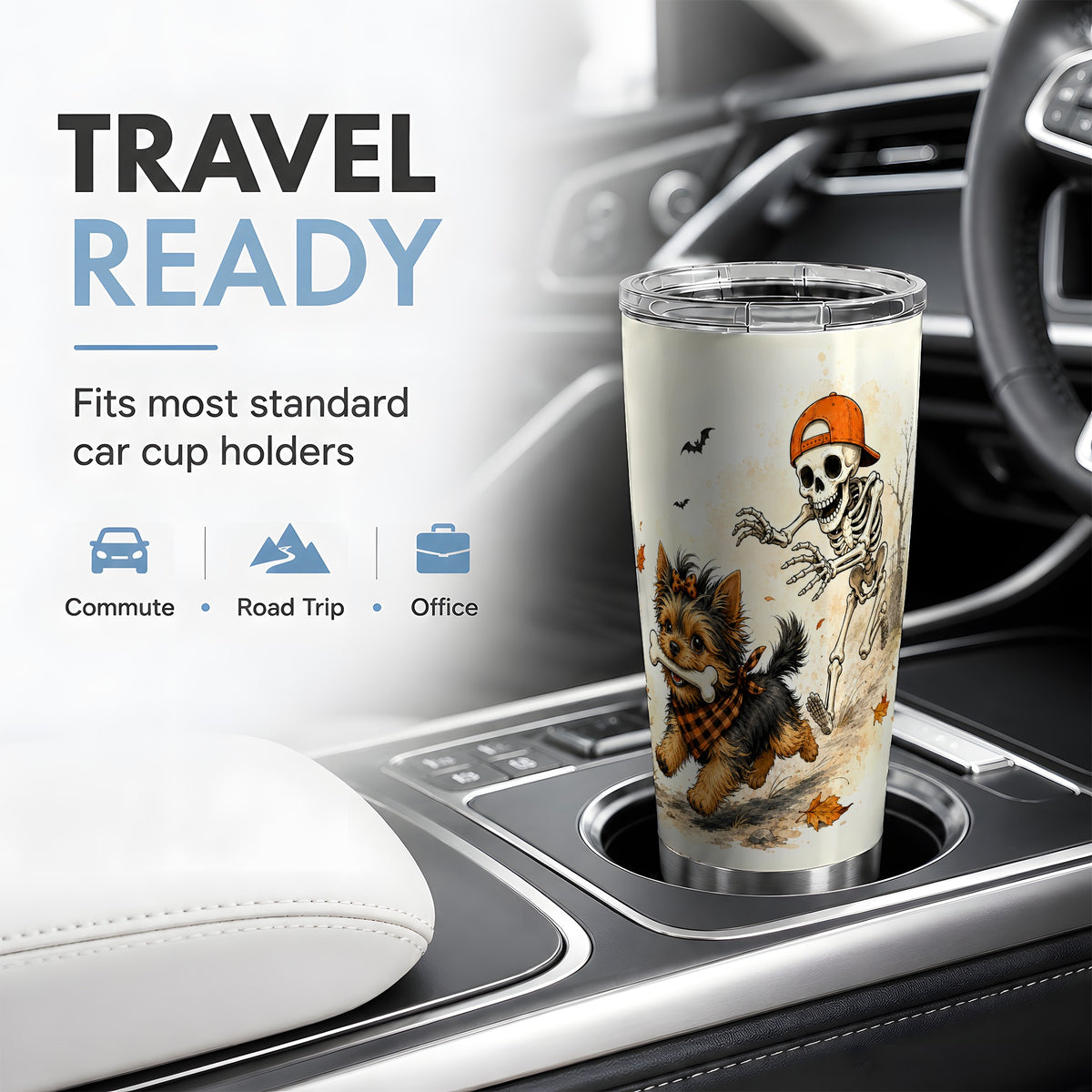 #pl[20oz|Steel] Halloween Terrier 20oz Tumbler, Skeleton Chase Autumn Artwork
