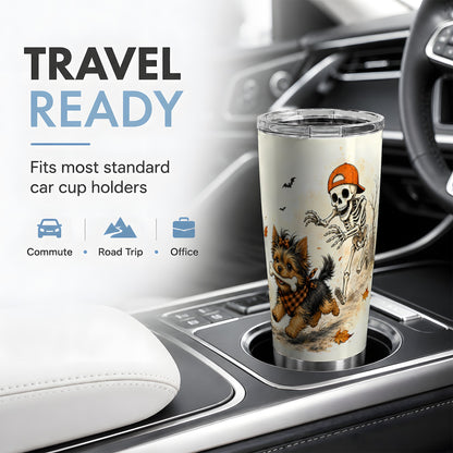 #pl[20oz|Steel] Halloween Terrier 20oz Tumbler, Skeleton Chase Autumn Artwork
