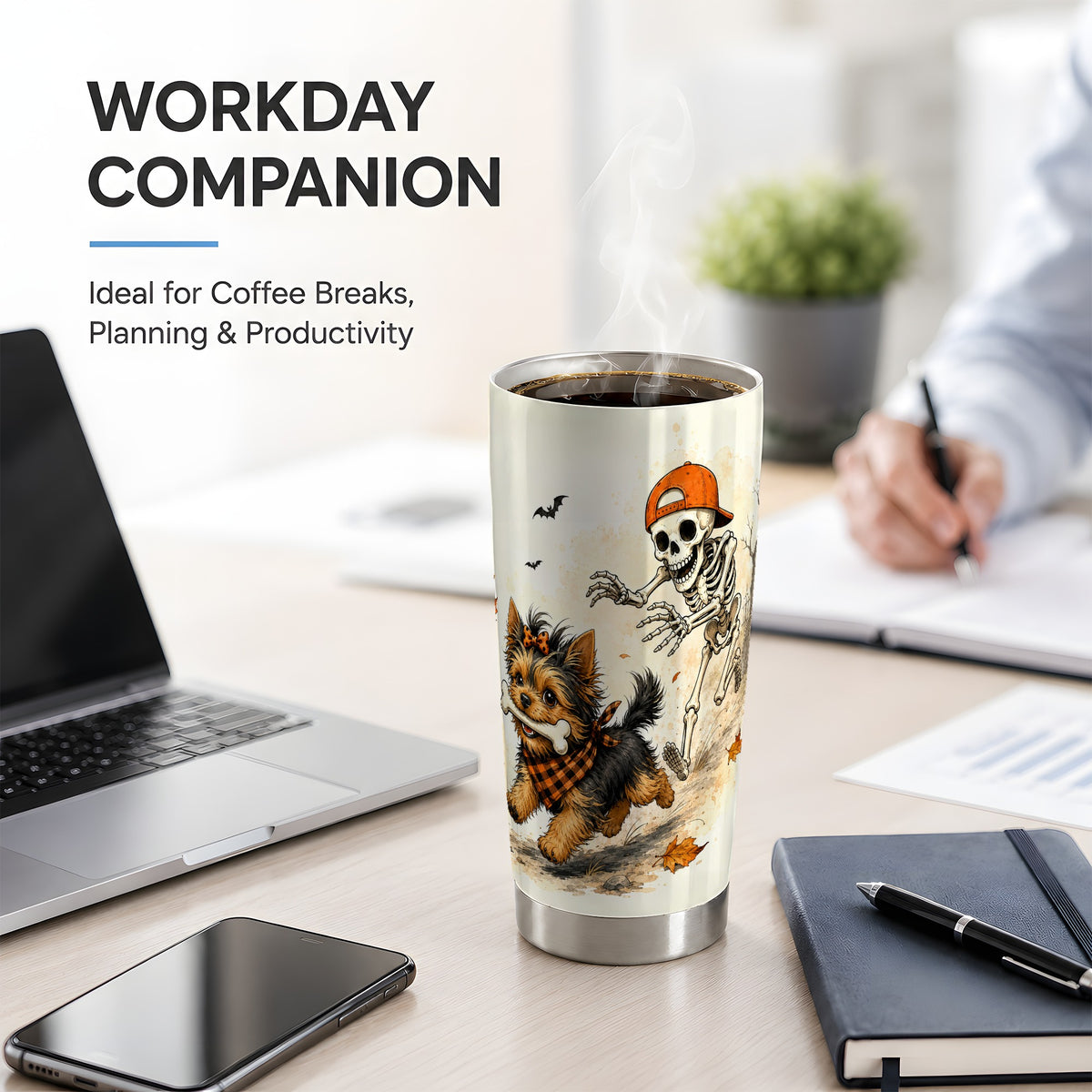 #pl[20oz|Steel] Halloween Terrier 20oz Tumbler, Skeleton Chase Autumn Artwork