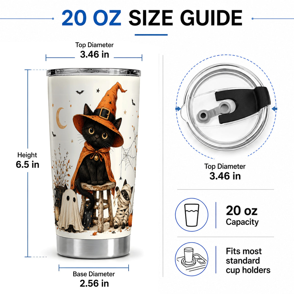 #pl[20oz|Steel] Halloween Black Cat 20oz Tumbler, Witch Ghost Mummy Cat Artwork