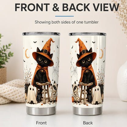 #pl[20oz|Steel] Halloween Black Cat 20oz Tumbler, Witch Ghost Mummy Cat Artwork
