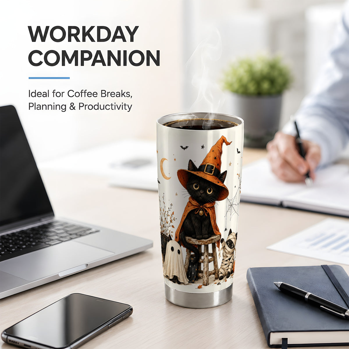 #pl[20oz|Steel] Halloween Black Cat 20oz Tumbler, Witch Ghost Mummy Cat Artwork