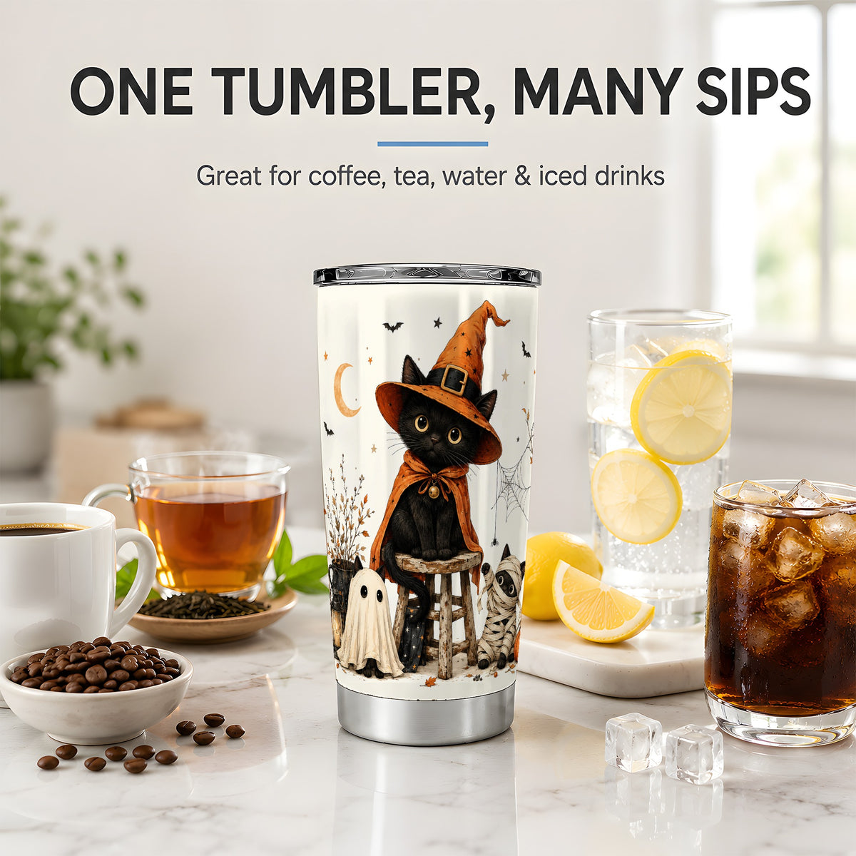 #pl[20oz|Steel] Halloween Black Cat 20oz Tumbler, Witch Ghost Mummy Cat Artwork