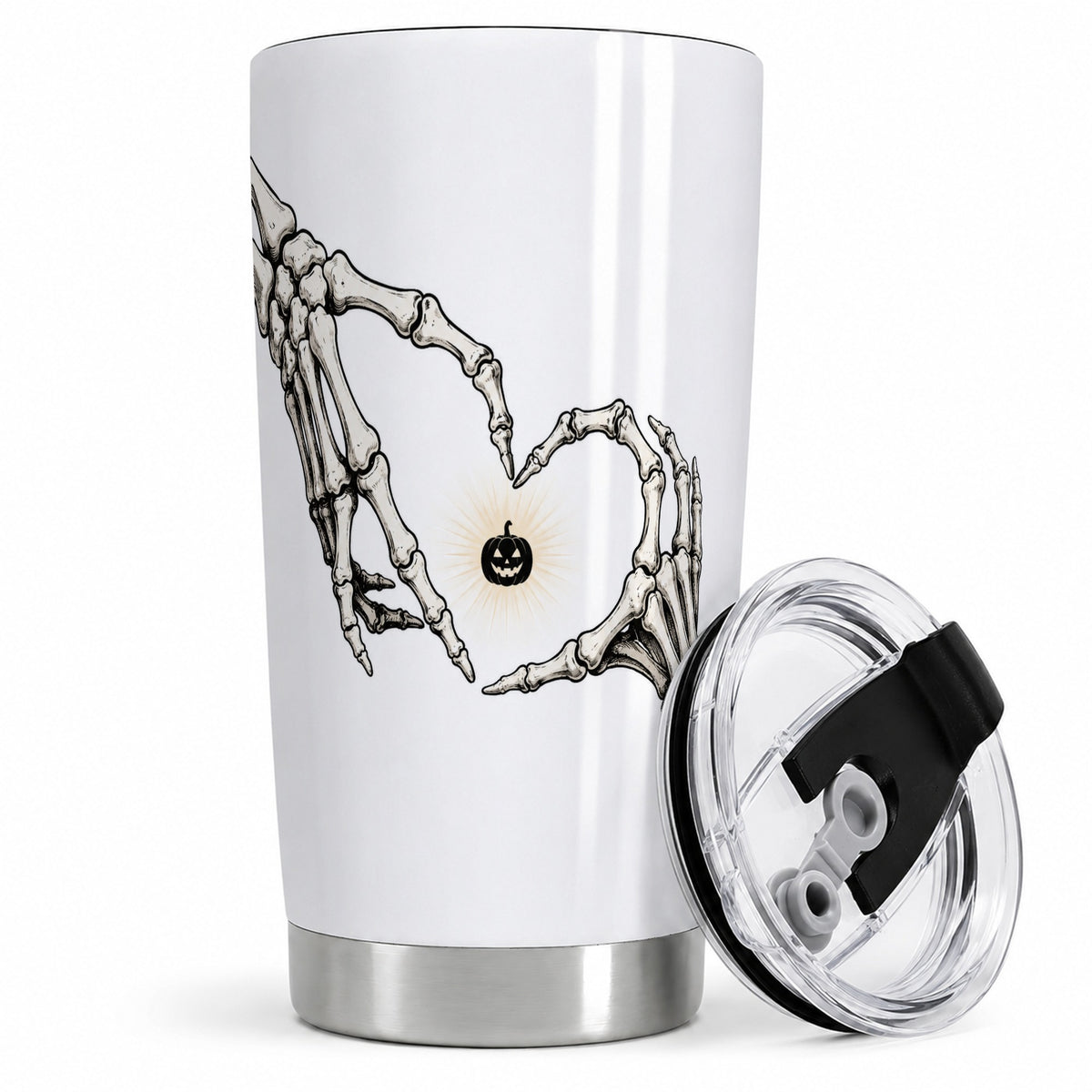 Skeleton Heart Hands 20oz Tumbler, Jack O Lantern Halloween Art