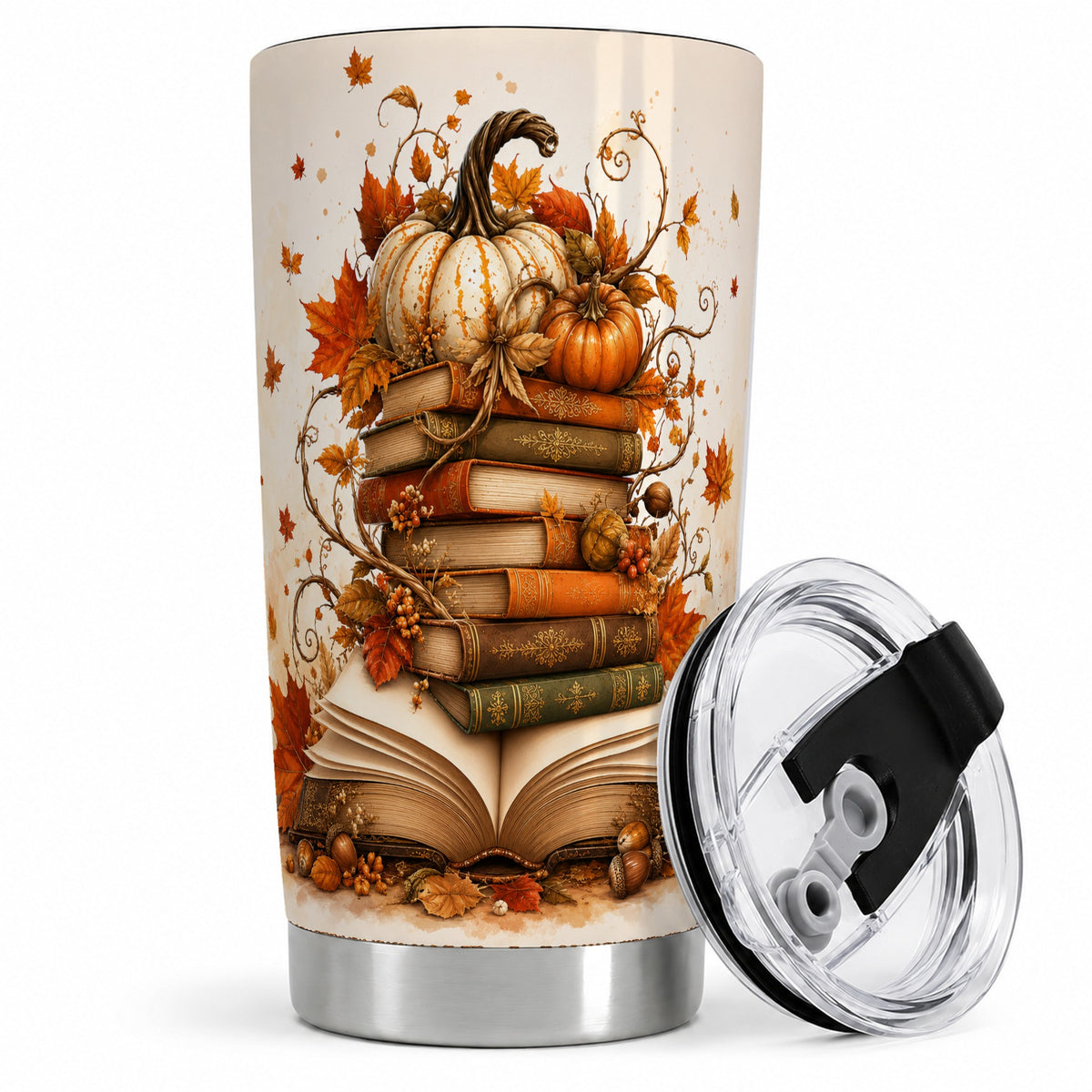 Autumn Book Stack 20oz Tumbler, Pumpkin Maple Leaf Artwork
