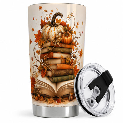 Autumn Book Stack 20oz Tumbler, Pumpkin Maple Leaf Artwork