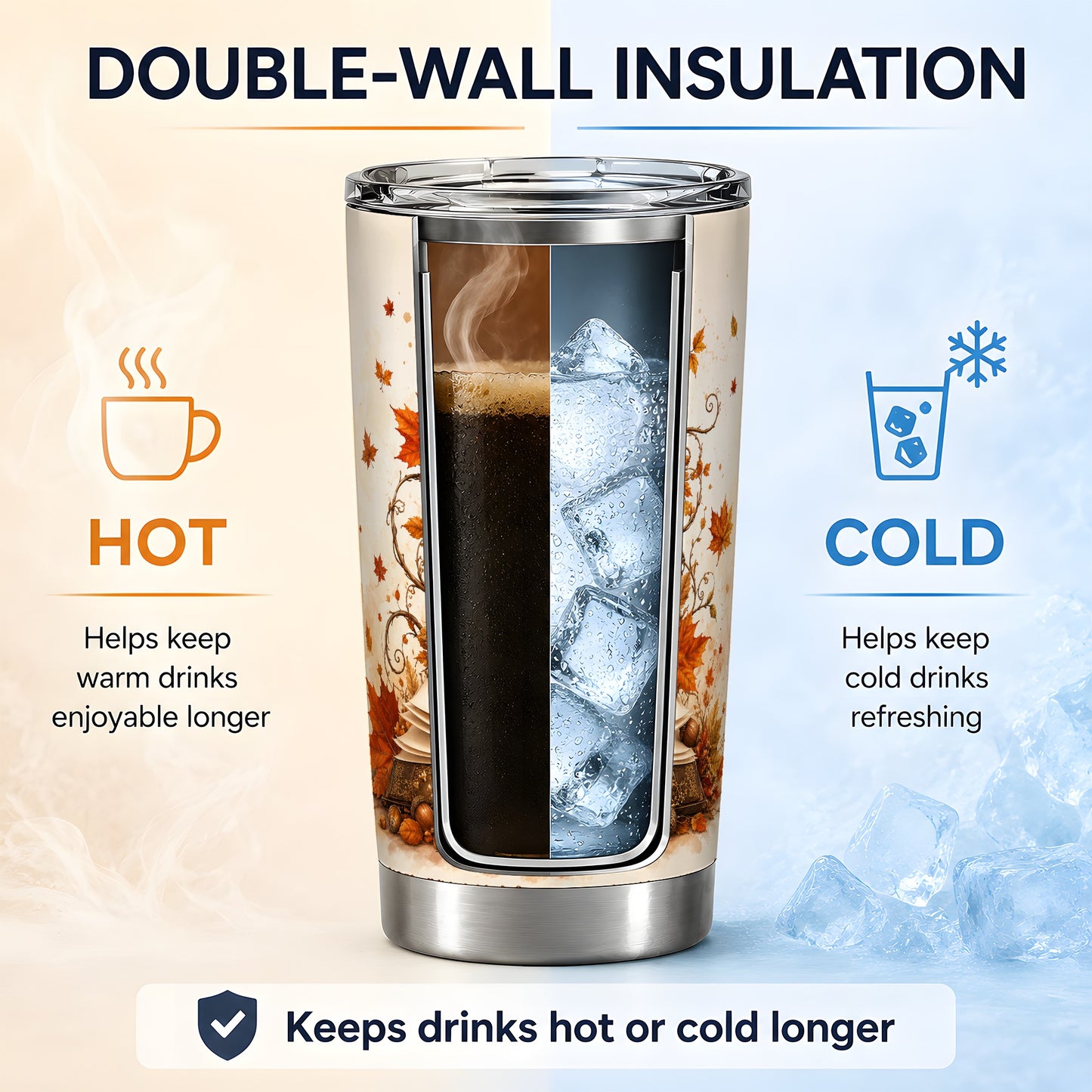#pl[20oz|Steel] Autumn Book Stack 20oz Tumbler, Pumpkin Maple Leaf Artwork