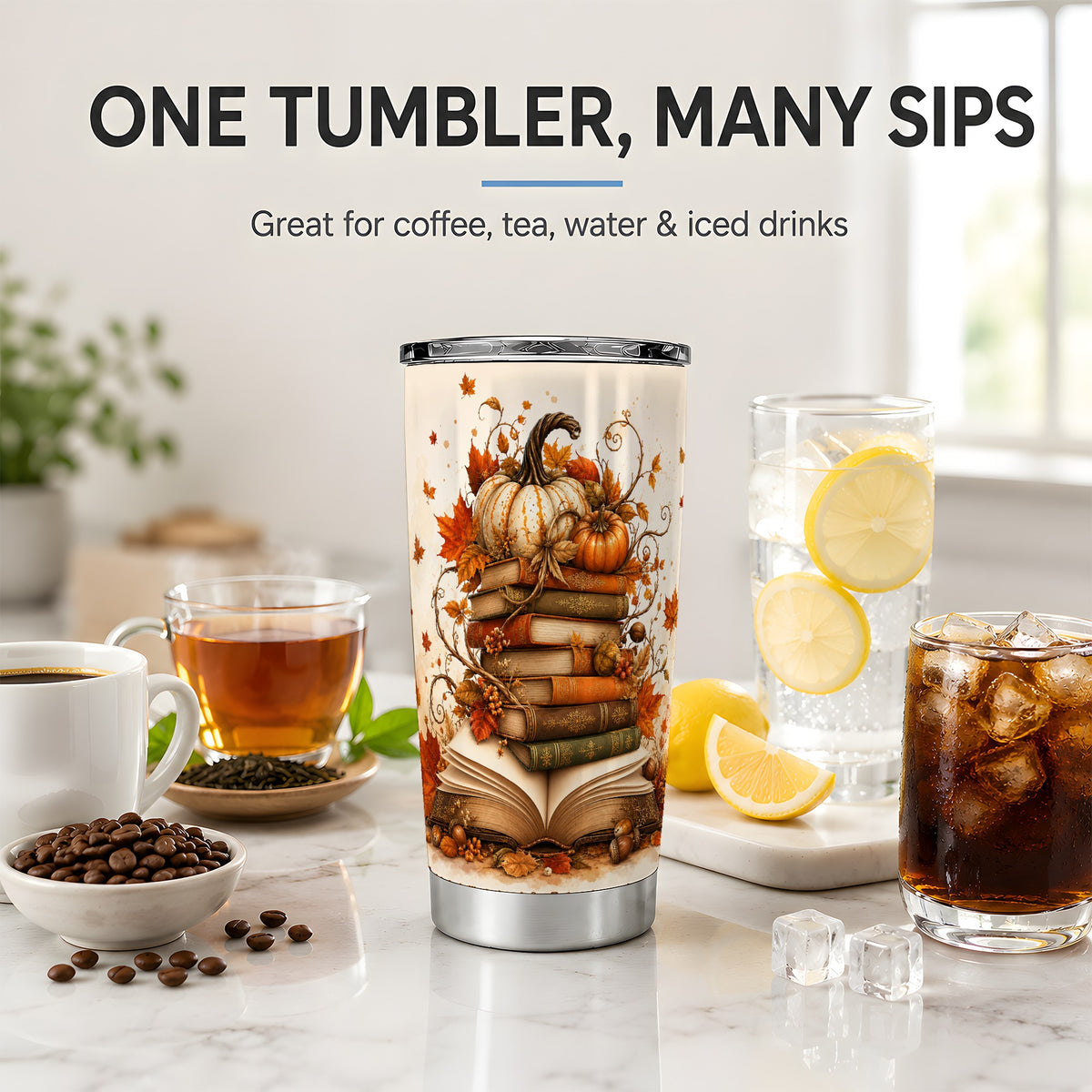 #pl[20oz|Steel] Autumn Book Stack 20oz Tumbler, Pumpkin Maple Leaf Artwork
