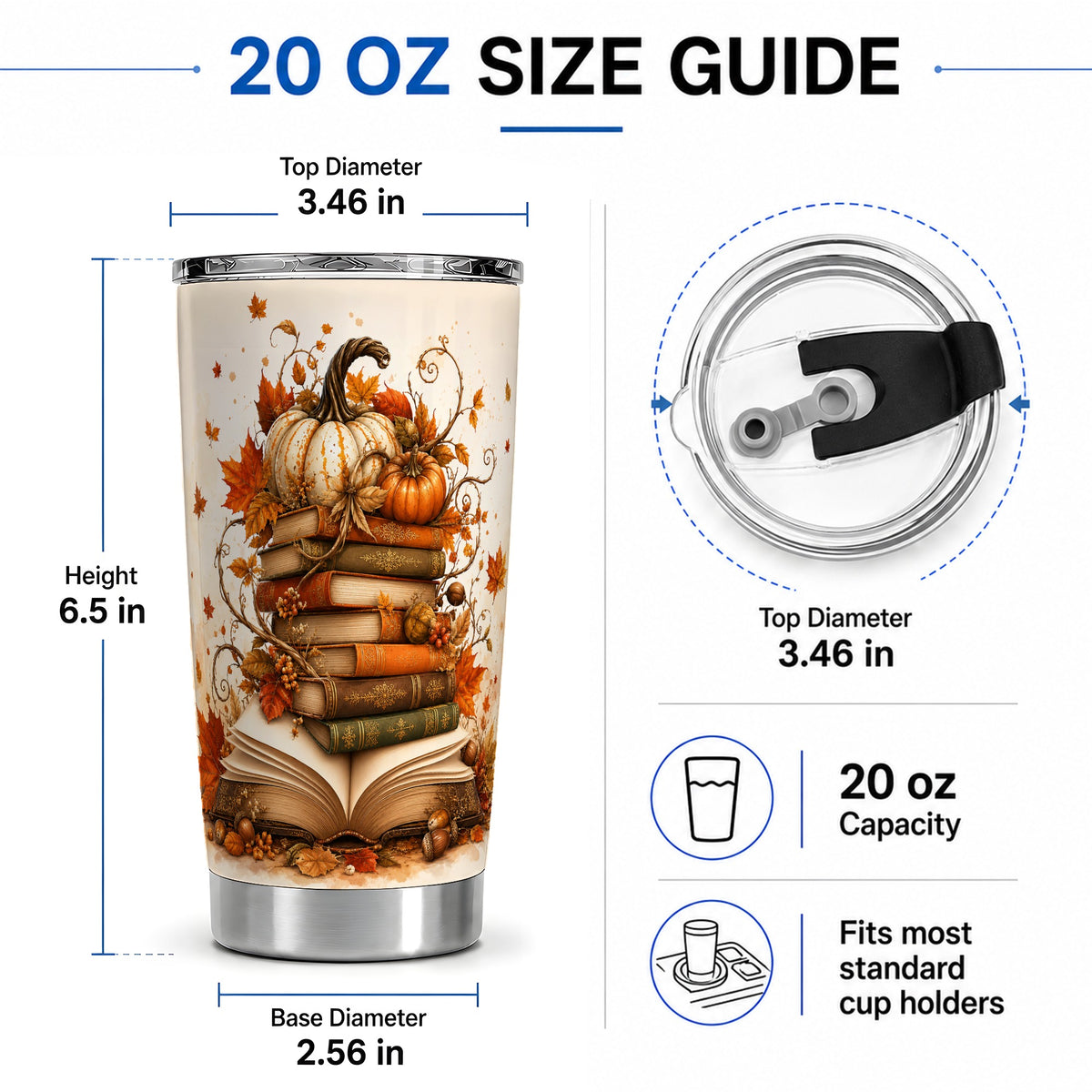 #pl[20oz|Steel] Autumn Book Stack 20oz Tumbler, Pumpkin Maple Leaf Artwork