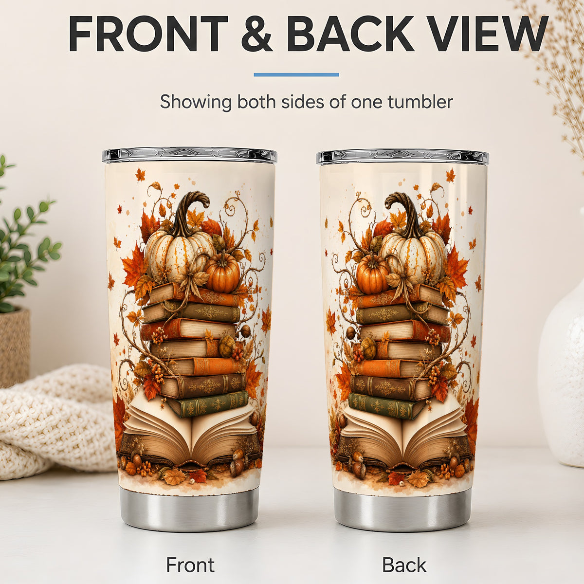 #pl[20oz|Steel] Autumn Book Stack 20oz Tumbler, Pumpkin Maple Leaf Artwork