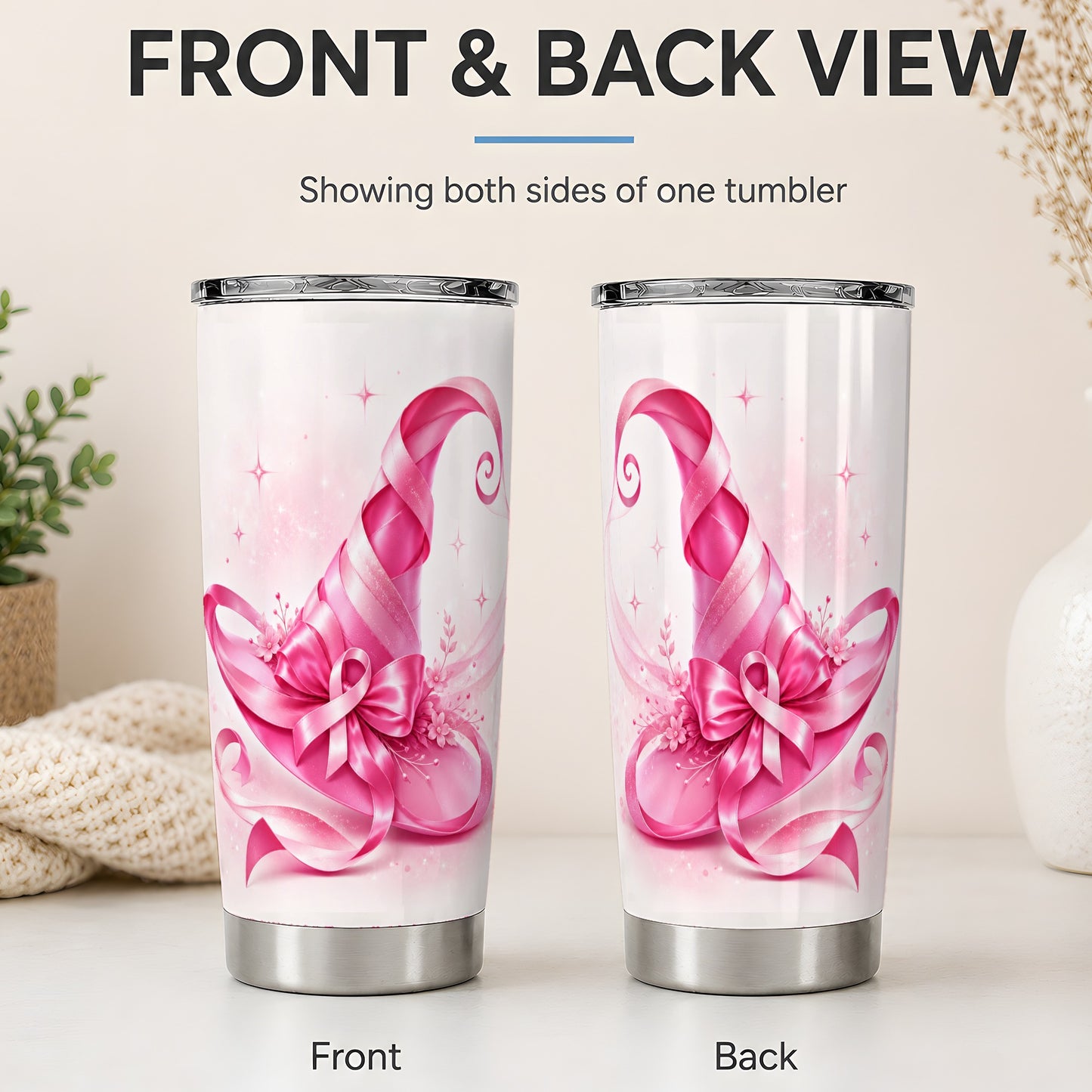 #pl[20oz|Steel] Pink Witch Hat 20oz Tumbler, Ribbon Bow Halloween Artwork