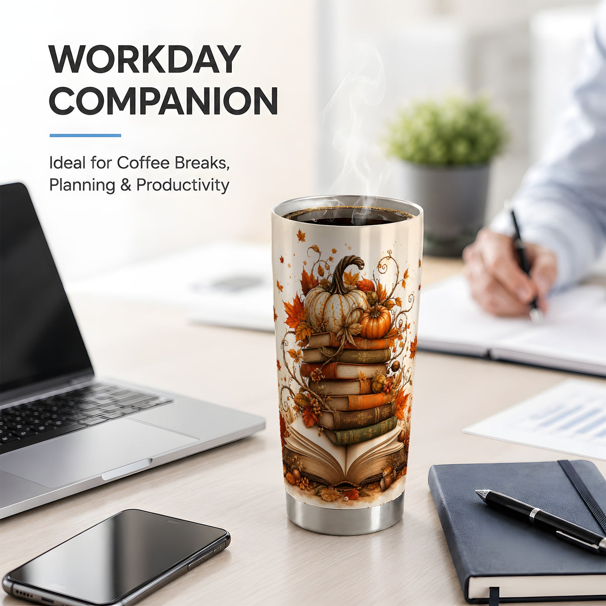 #pl[20oz|Steel] Autumn Book Stack 20oz Tumbler, Pumpkin Maple Leaf Artwork