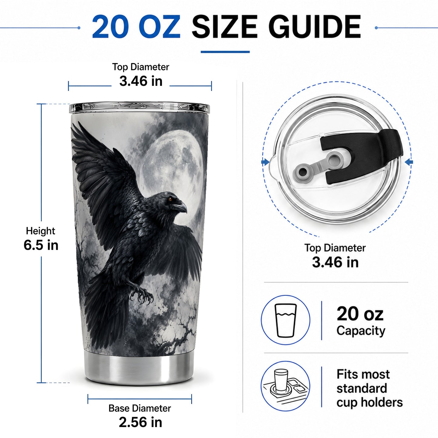 #pl[20oz|Steel] Black Raven Moon 20oz Tumbler, Gothic Night Watercolor Artwork