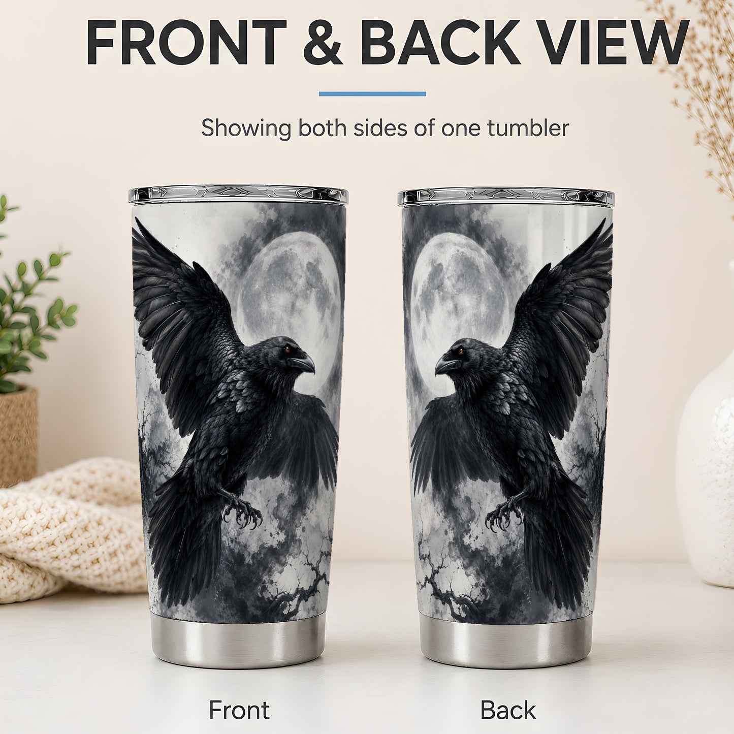 #pl[20oz|Steel] Black Raven Moon 20oz Tumbler, Gothic Night Watercolor Artwork