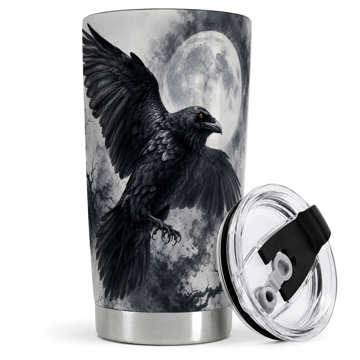Black Raven Moon 20oz Tumbler, Gothic Night Watercolor Artwork