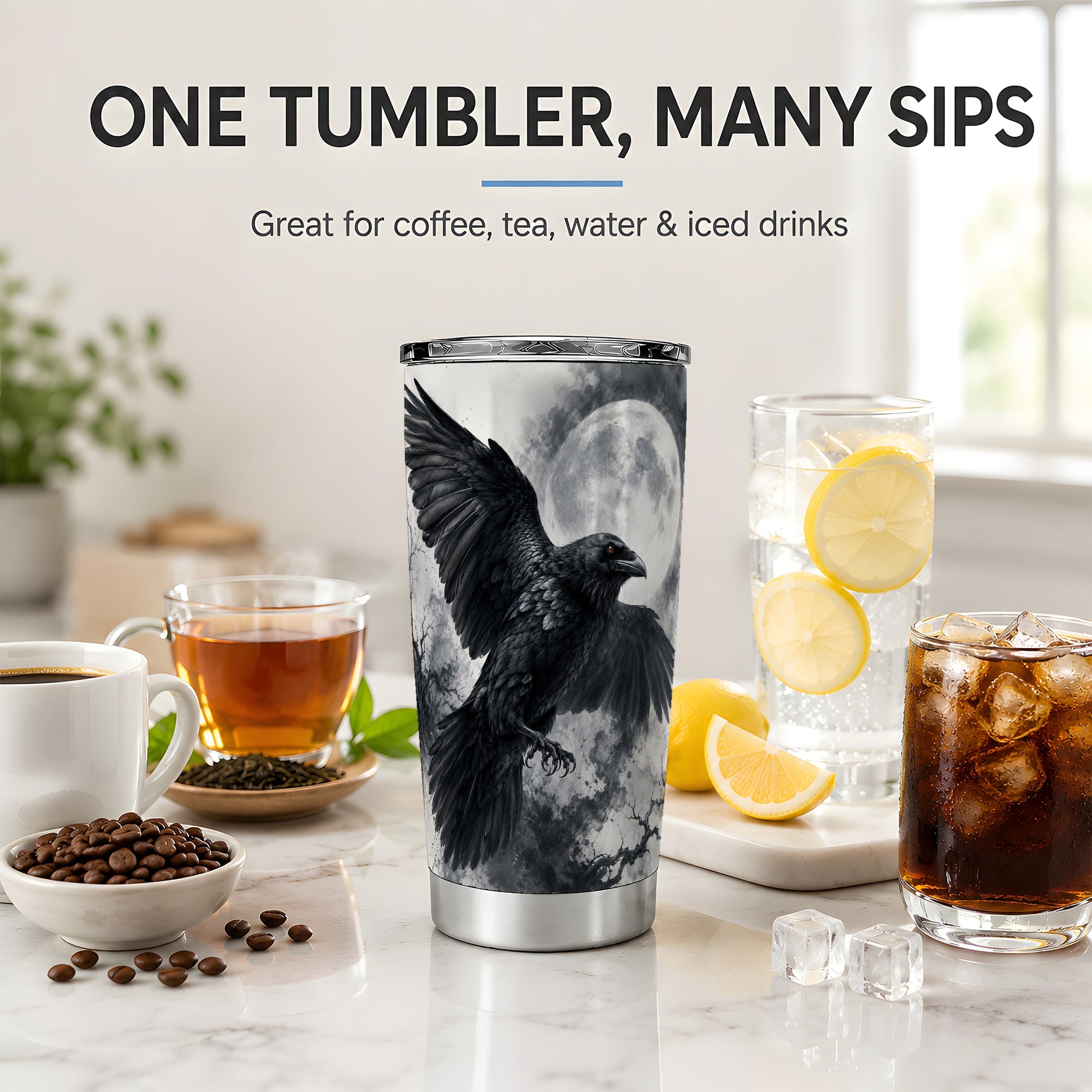 #pl[20oz|Steel] Black Raven Moon 20oz Tumbler, Gothic Night Watercolor Artwork