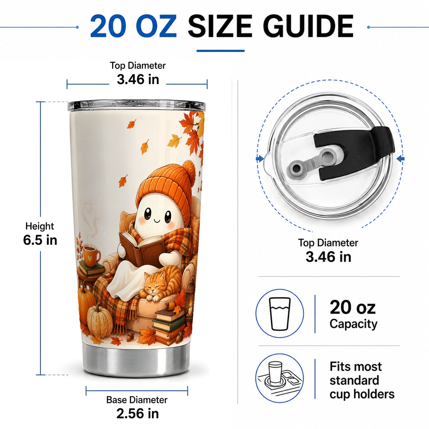 #pl[20oz|Steel] Cozy Reading Ghost 20oz Tumbler, Autumn Cat Pumpkin Artwork