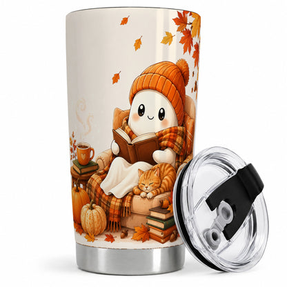Cozy Reading Ghost 20oz Tumbler, Autumn Cat Pumpkin Artwork