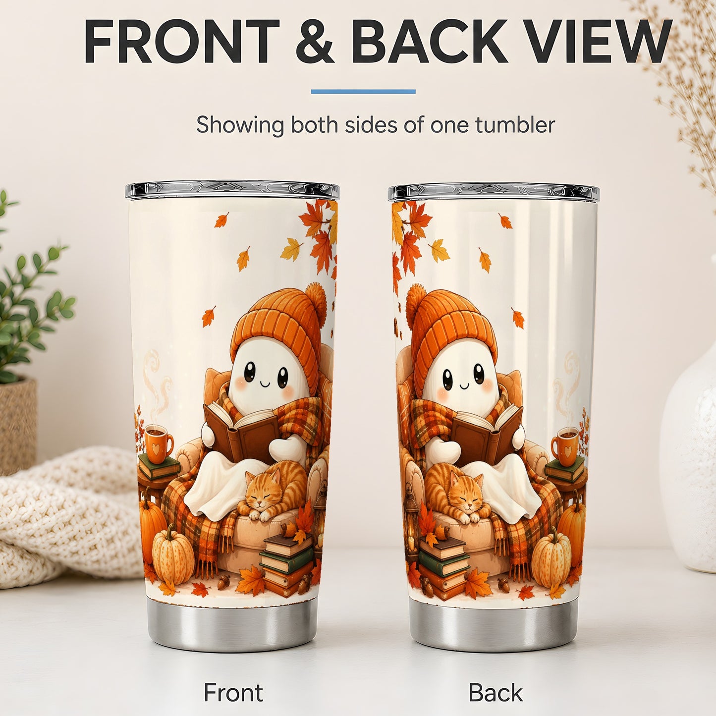#pl[20oz|Steel] Cozy Reading Ghost 20oz Tumbler, Autumn Cat Pumpkin Artwork