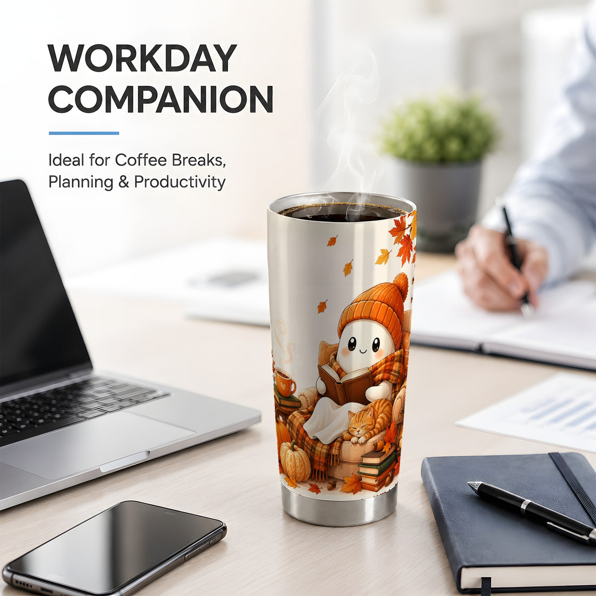 #pl[20oz|Steel] Cozy Reading Ghost 20oz Tumbler, Autumn Cat Pumpkin Artwork