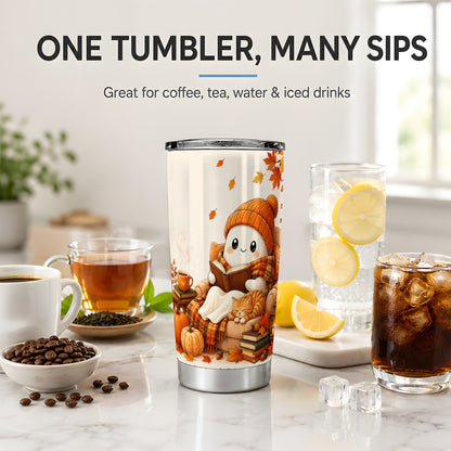 #pl[20oz|Steel] Cozy Reading Ghost 20oz Tumbler, Autumn Cat Pumpkin Artwork