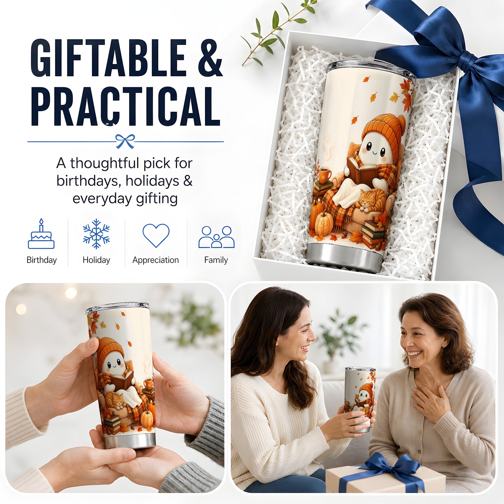 #pl[20oz|Steel] Cozy Reading Ghost 20oz Tumbler, Autumn Cat Pumpkin Artwork