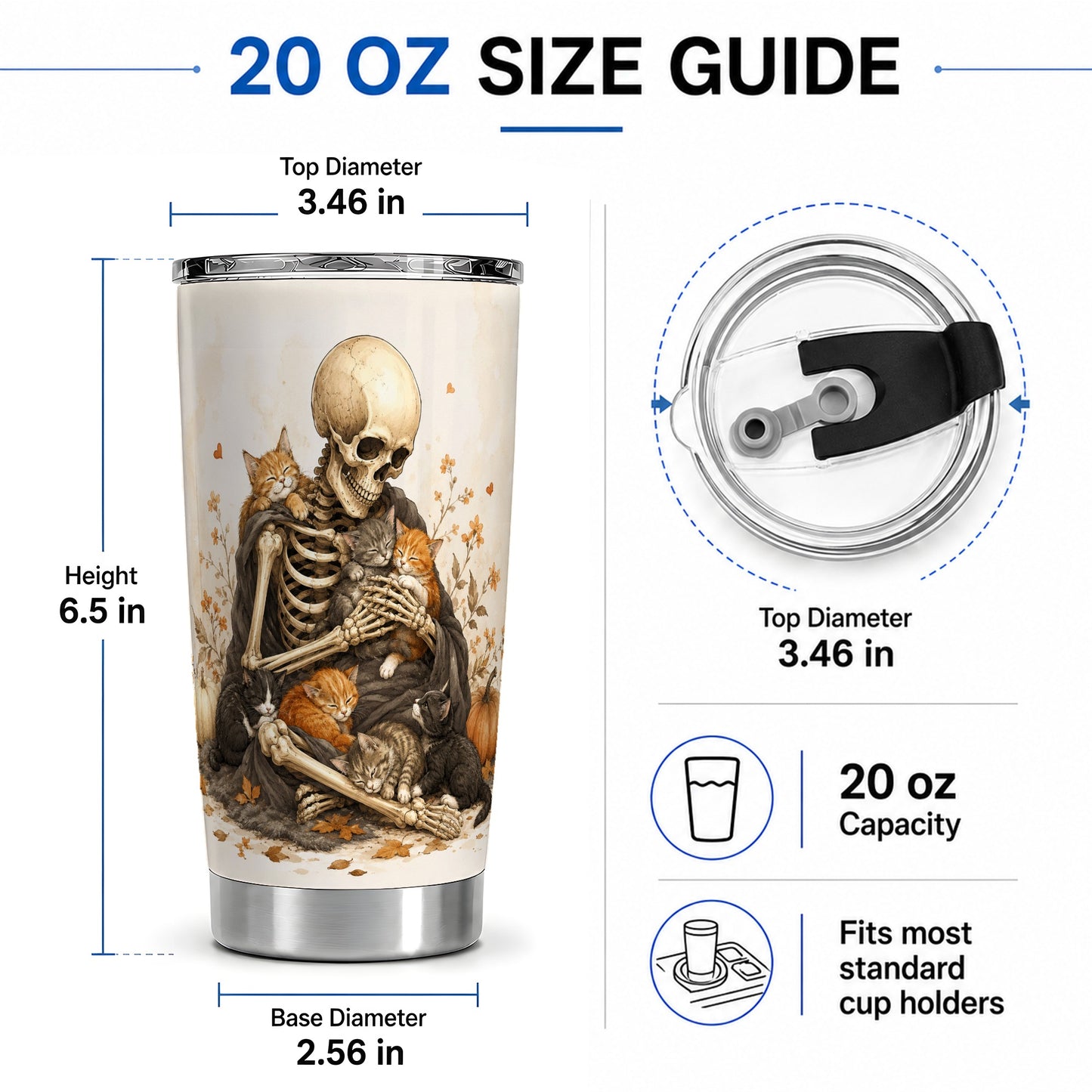 #pl[20oz|Steel] Skeleton Cat Cuddle 20oz Tumbler, Autumn Kitten Pumpkin Artwork