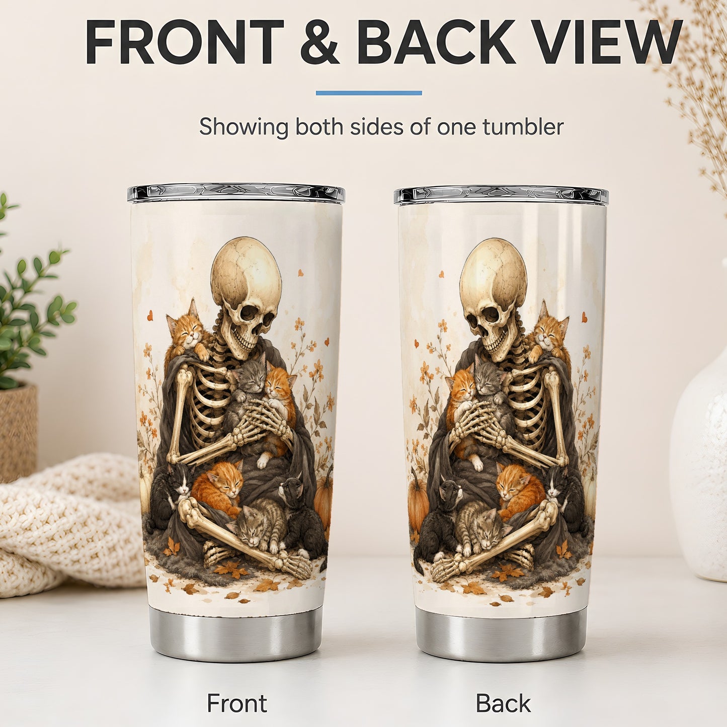 #pl[20oz|Steel] Skeleton Cat Cuddle 20oz Tumbler, Autumn Kitten Pumpkin Artwork