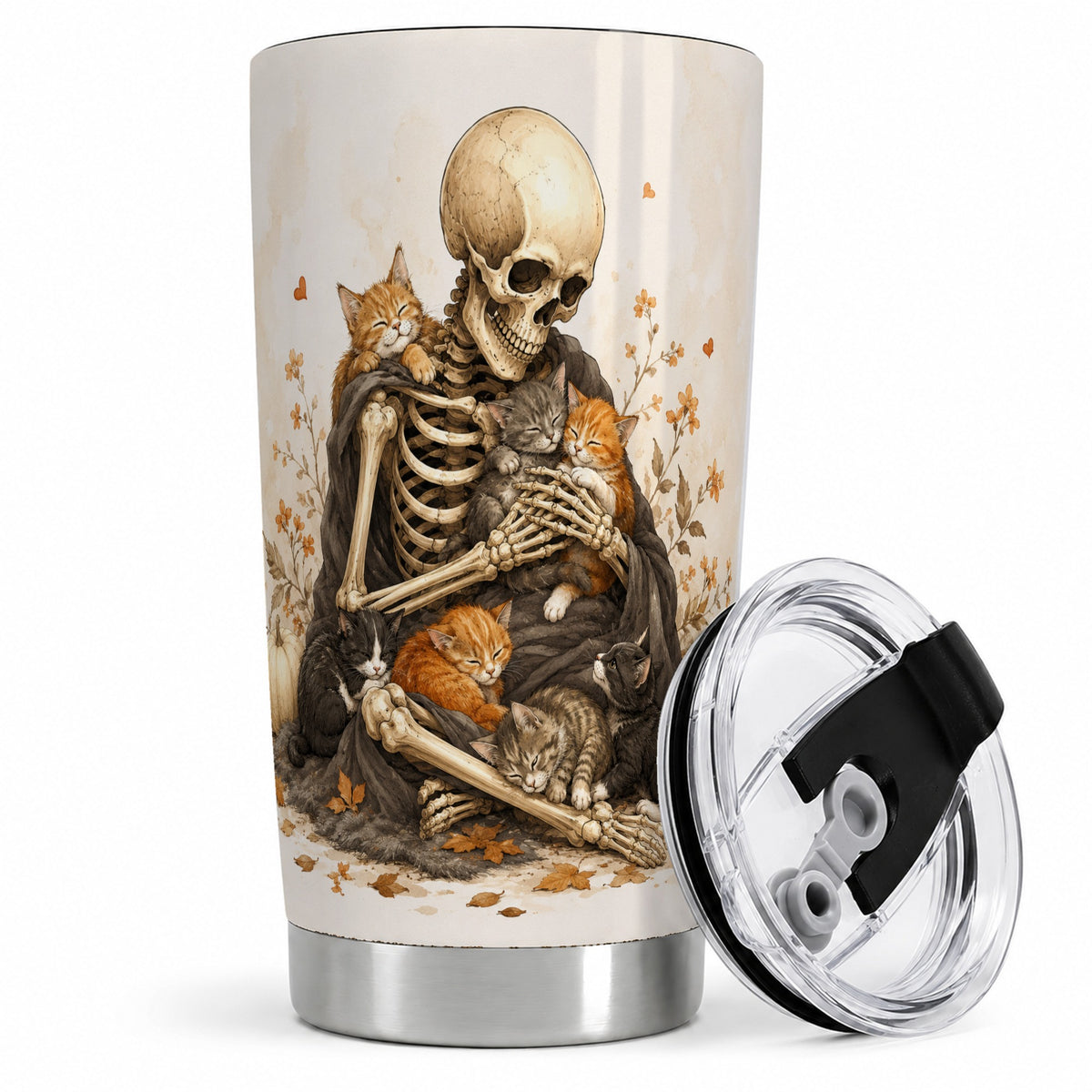 Skeleton Cat Cuddle 20oz Tumbler, Autumn Kitten Pumpkin Artwork