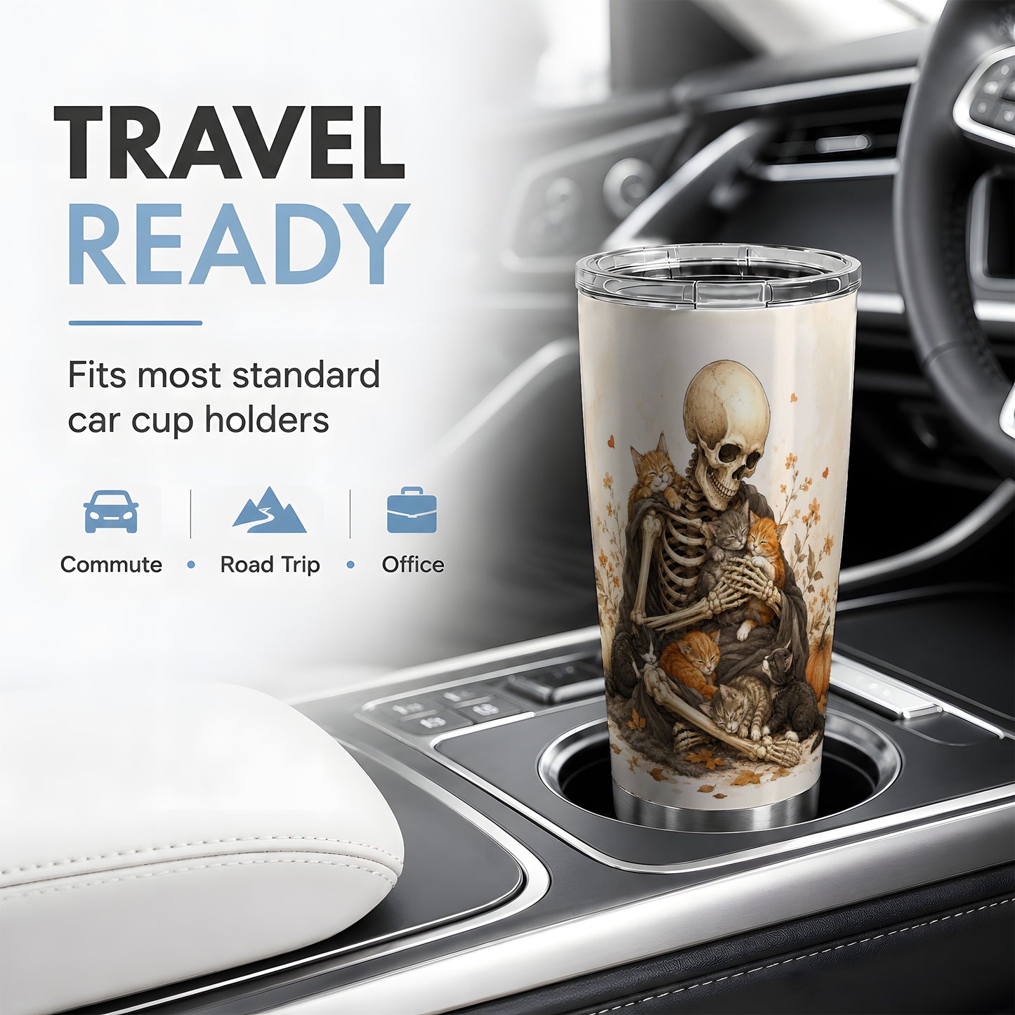 #pl[20oz|Steel] Skeleton Cat Cuddle 20oz Tumbler, Autumn Kitten Pumpkin Artwork