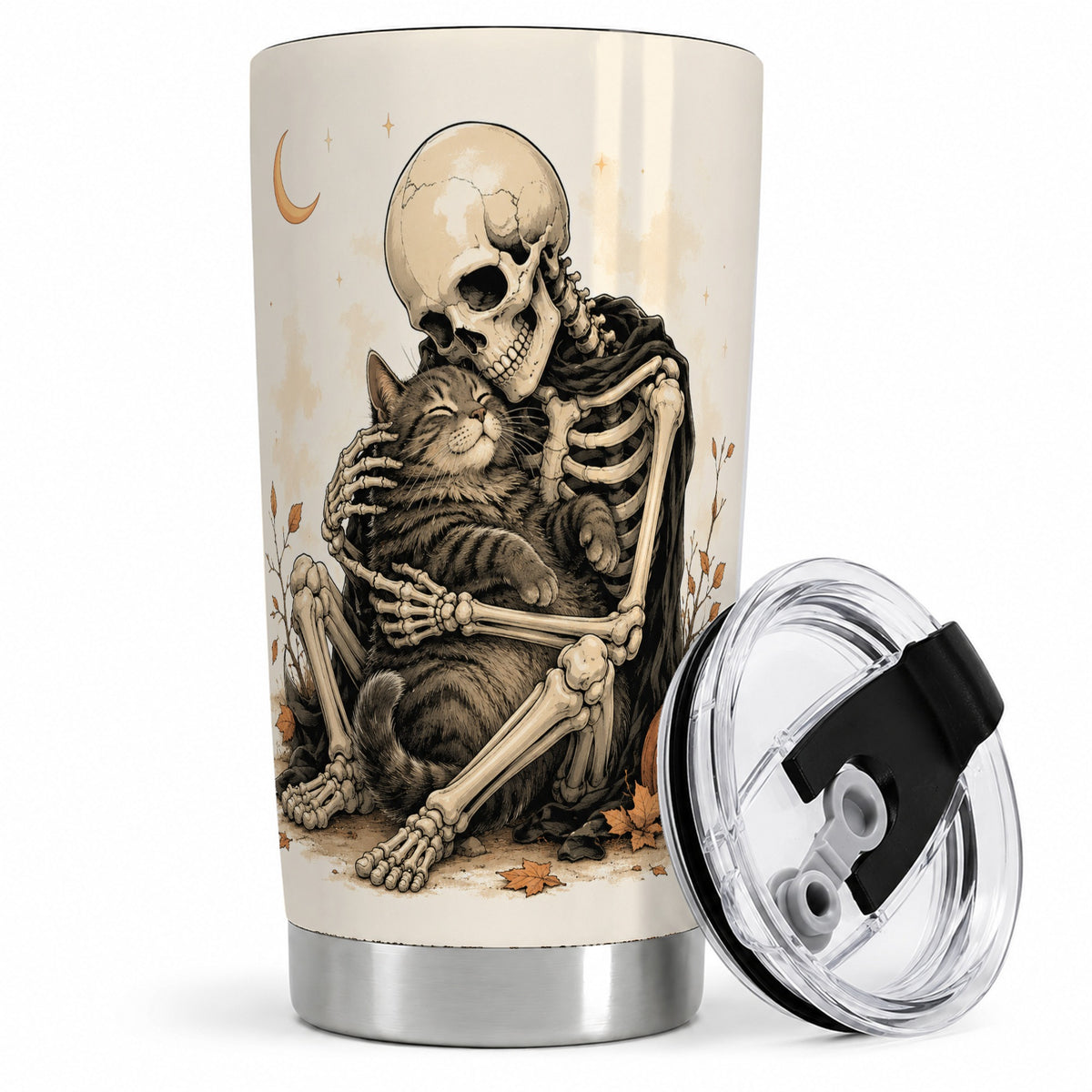 Skeleton Cat Hug 20oz Tumbler, Crescent Moon Pumpkin Artwork