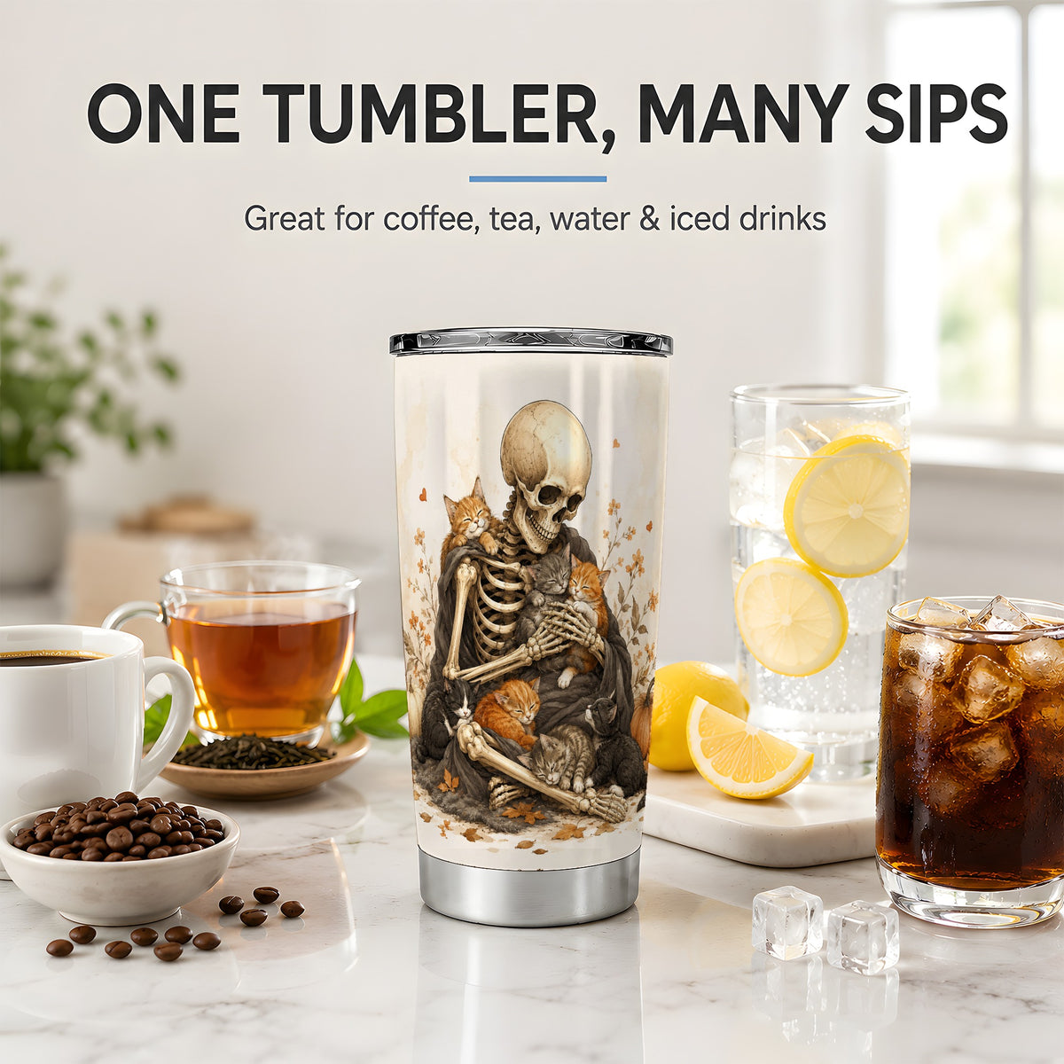 #pl[20oz|Steel] Skeleton Cat Cuddle 20oz Tumbler, Autumn Kitten Pumpkin Artwork