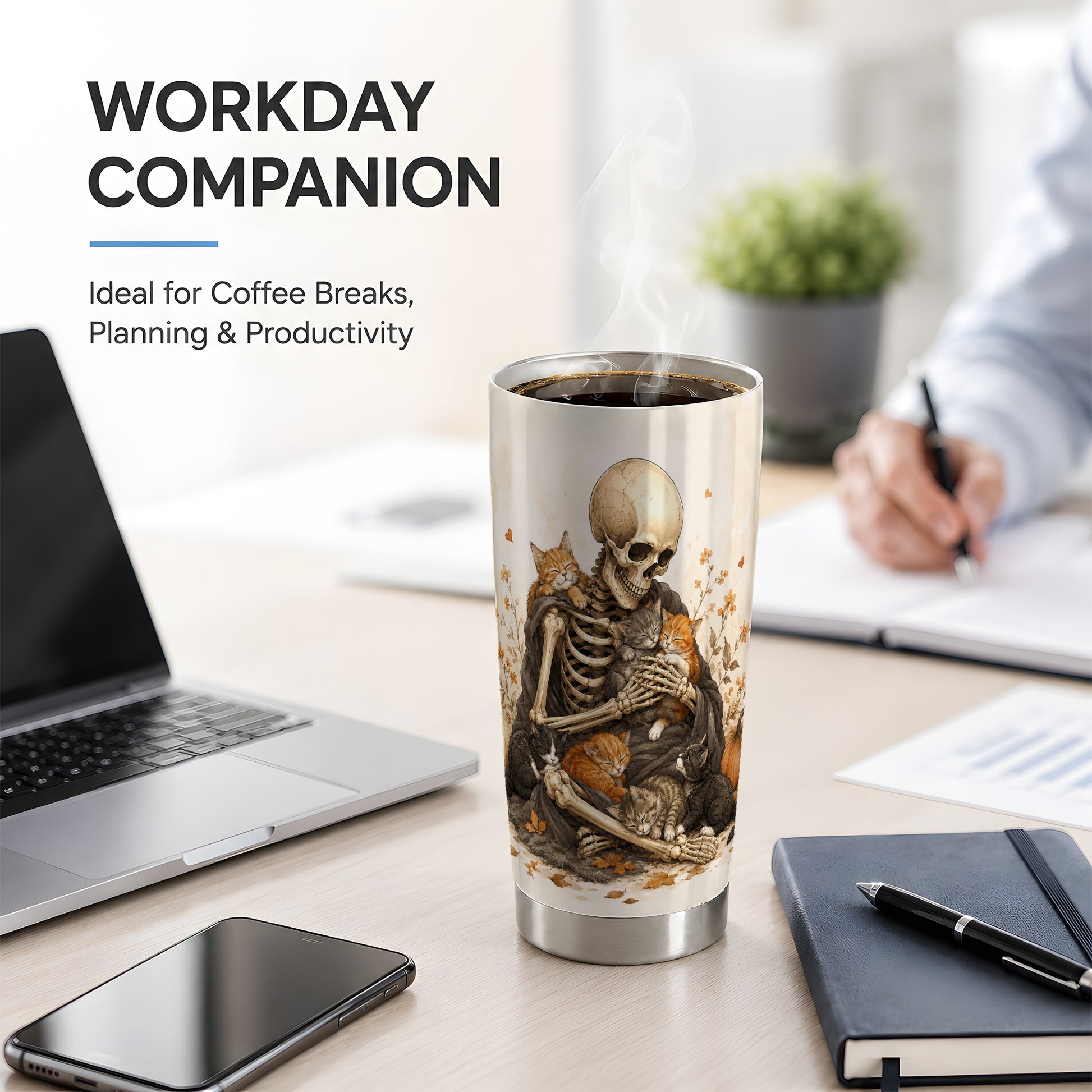 #pl[20oz|Steel] Skeleton Cat Cuddle 20oz Tumbler, Autumn Kitten Pumpkin Artwork