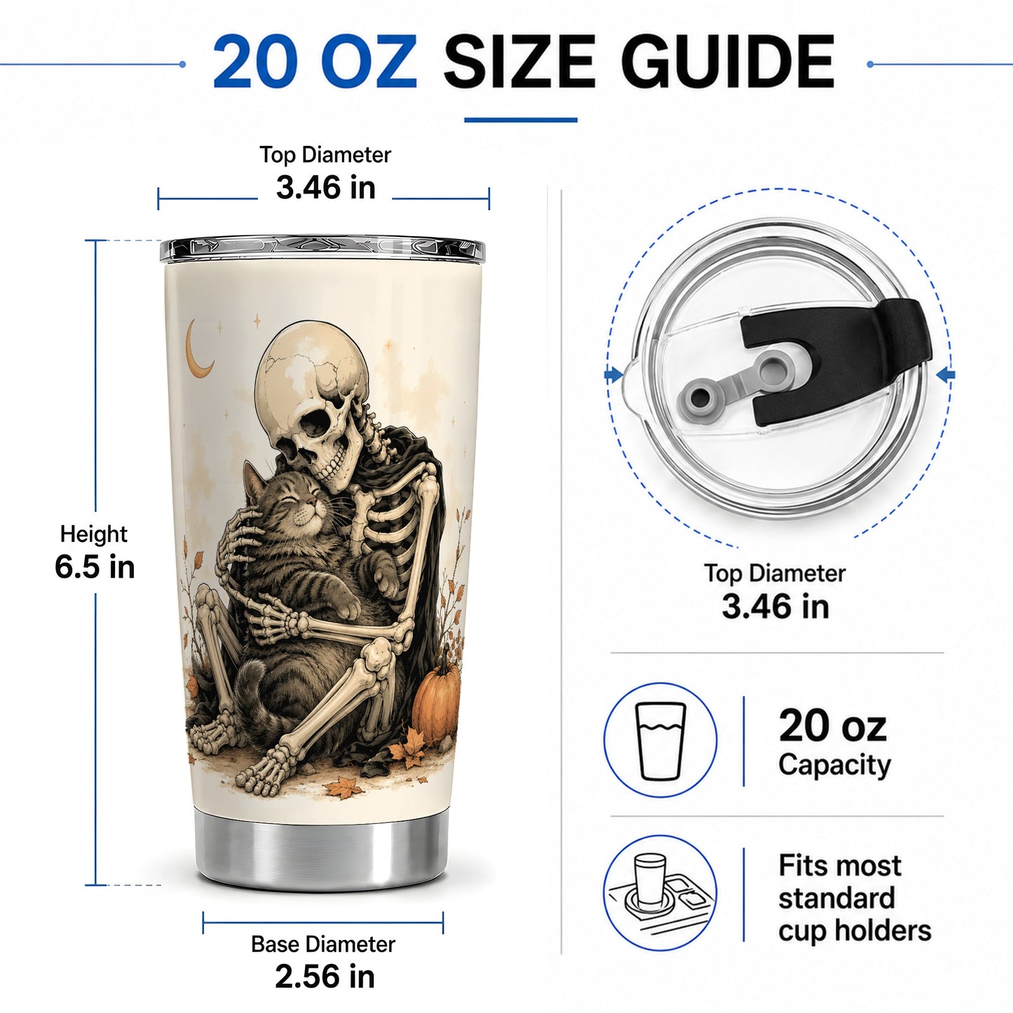 #pl[20oz|Steel] Skeleton Cat Hug 20oz Tumbler, Crescent Moon Pumpkin Artwork