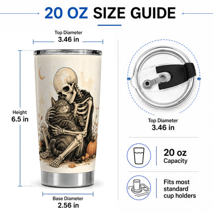 #pl[20oz|Steel] Skeleton Cat Hug 20oz Tumbler, Crescent Moon Pumpkin Artwork