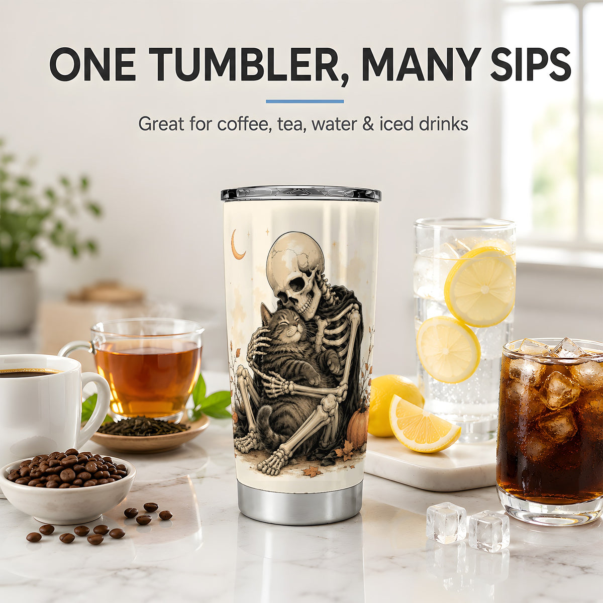 #pl[20oz|Steel] Skeleton Cat Hug 20oz Tumbler, Crescent Moon Pumpkin Artwork