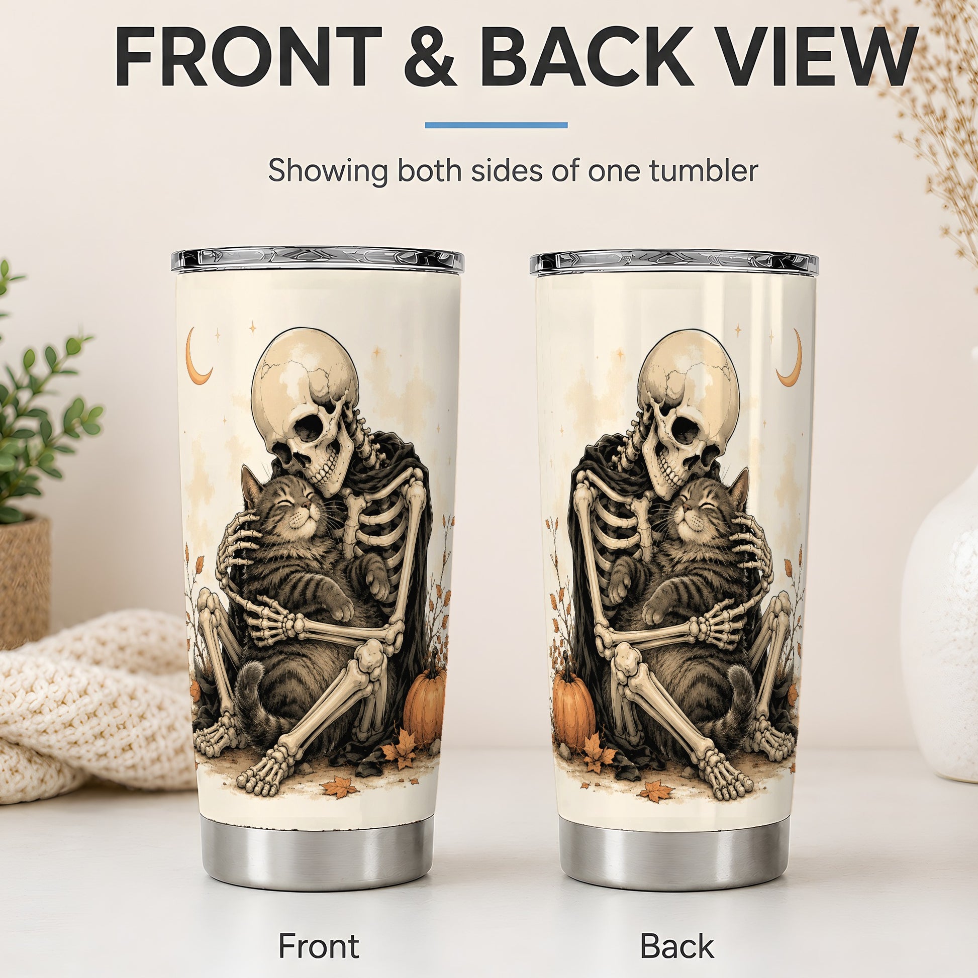 #pl[20oz|Steel] Skeleton Cat Hug 20oz Tumbler, Crescent Moon Pumpkin Artwork