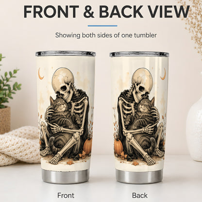 #pl[20oz|Steel] Skeleton Cat Hug 20oz Tumbler, Crescent Moon Pumpkin Artwork