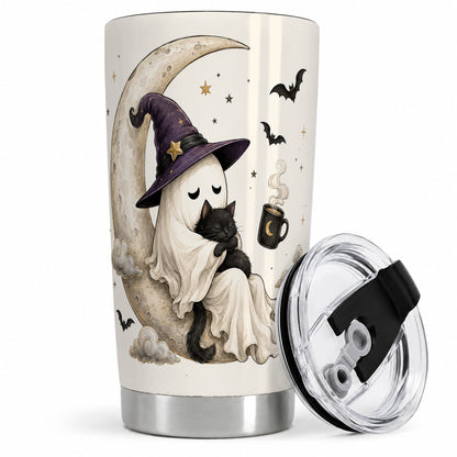 Ghost Witch Cat 20oz Tumbler, Crescent Moon Halloween Artwork
