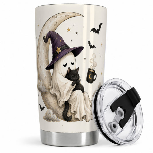 Ghost Witch Cat 20oz Tumbler, Crescent Moon Halloween Artwork
