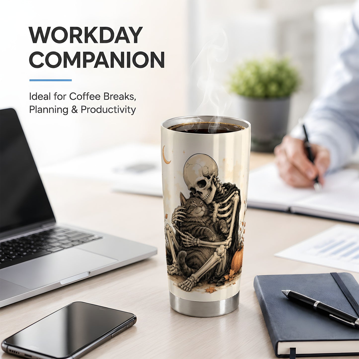 #pl[20oz|Steel] Skeleton Cat Hug 20oz Tumbler, Crescent Moon Pumpkin Artwork